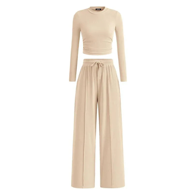 MIRELA™ - Ribbed Knit Long Sleeve Crop Top and Matching Pants Set - MABEL LONDON