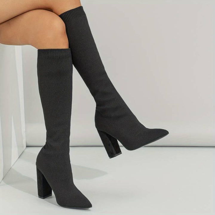 OLIVIA | WOMEN'S KNITTED SOCK BOOTS WITH BLOCK HEEL - MABEL LONDON