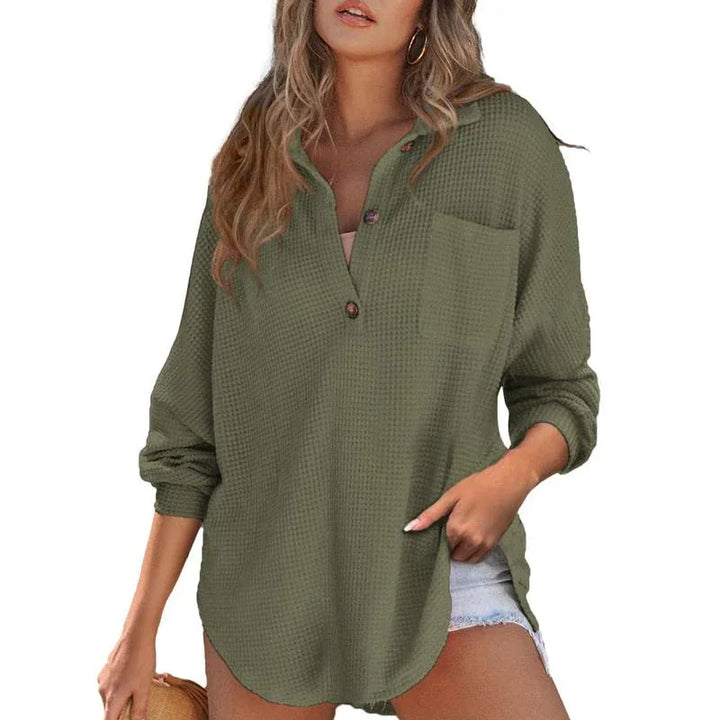 RHANNON™ - Casual Oversized Waffle V-Neck Long Sleeve Sweater - MABEL LONDON