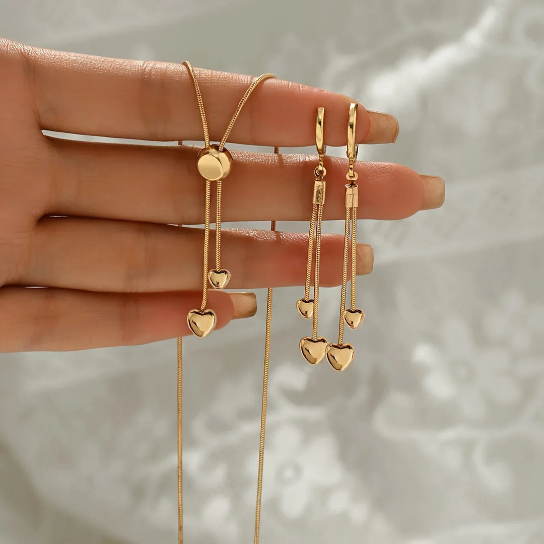 Adjustable Heart Pendant Necklace & Earrings Set - MABEL LONDON