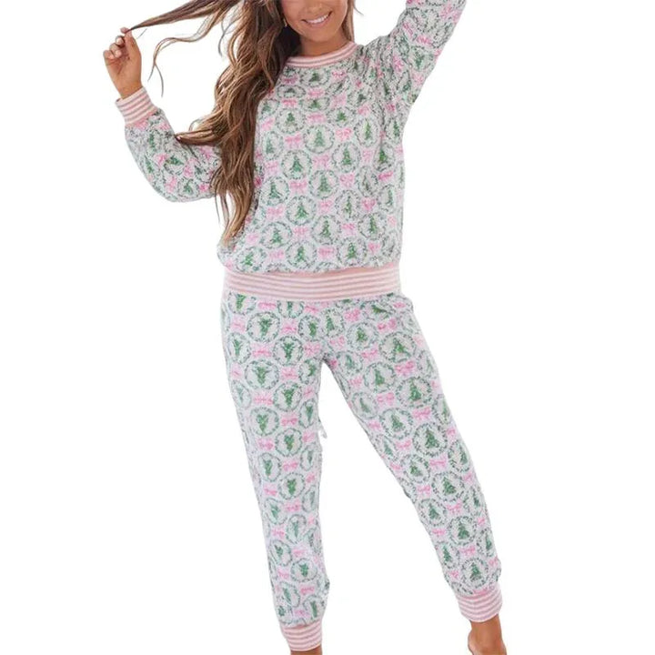AUBREY™ - Cozy Christmas Bow Print Loungewear Set - MABEL LONDON