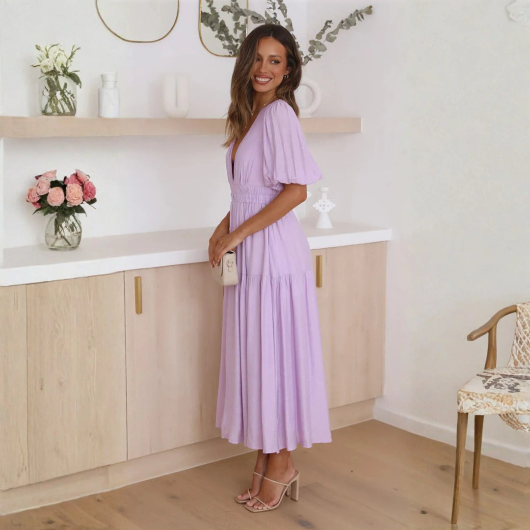 NAMU™ - Classy V-Neck Long Sleeve A-Line Maxi Dress - MABEL LONDON