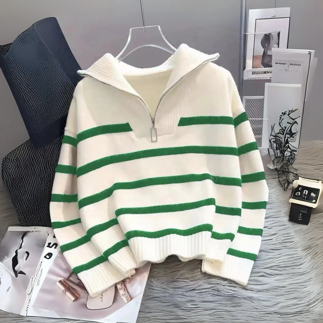 NEVAEH™ - Chic Striped Long Sleeve Collared Top - MABEL LONDON