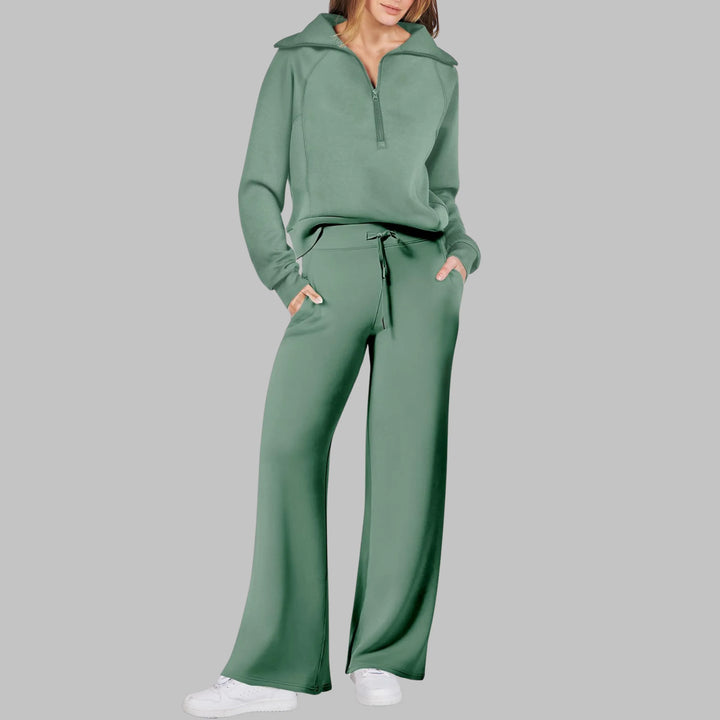 UDAY™ - Comfy Half Zip Sweatshirt and Wide Leg Pants Set - MABEL LONDON