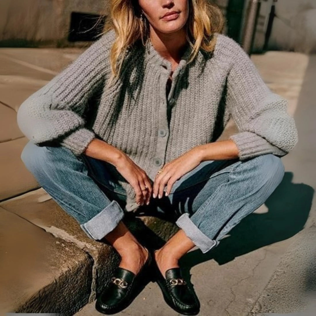 ELOWEN™ - Comfy Plain Button Down Long Sleeve Round Neck Cardigan - MABEL LONDON