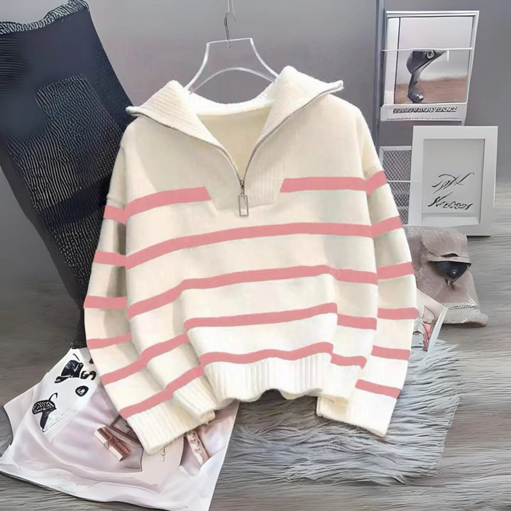 NEVAEH™ - Chic Striped Long Sleeve Collared Top - MABEL LONDON