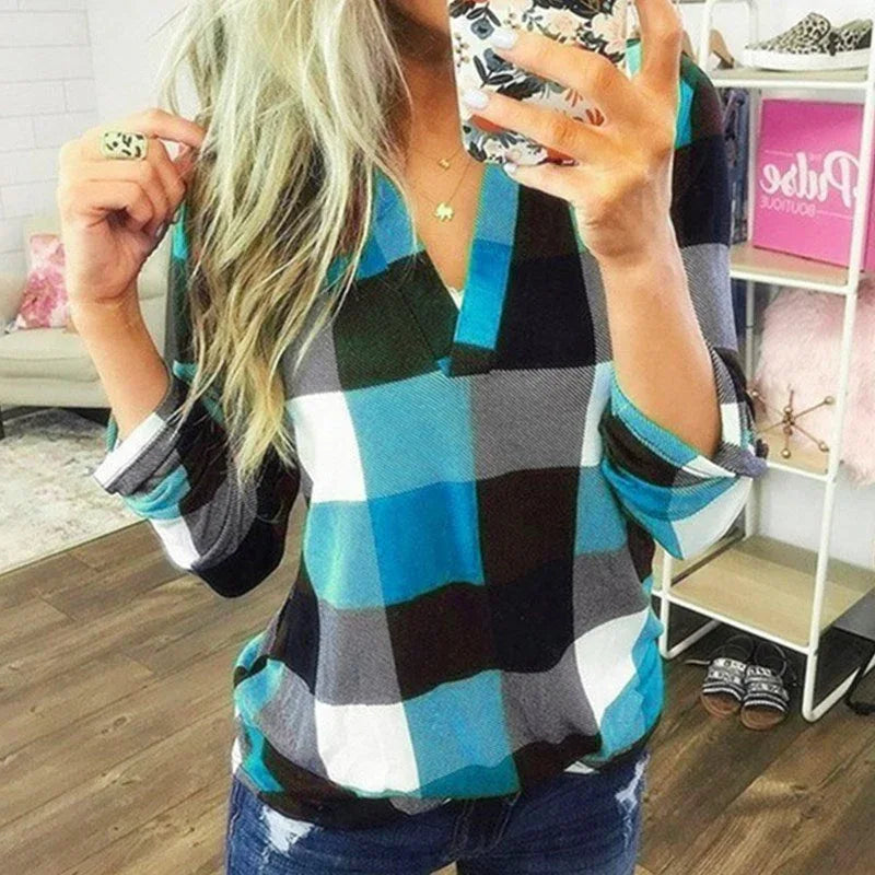SAMIYA™ - Casual V-Neck Plaid Long Sleeve Blouse - MABEL LONDON
