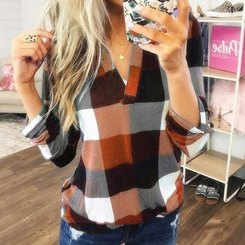 SAMIYA™ - Casual V-Neck Plaid Long Sleeve Blouse - MABEL LONDON