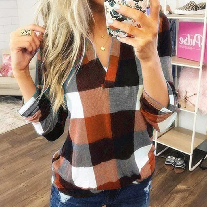 SAMIYA™ - Casual V-Neck Plaid Long Sleeve Blouse - MABEL LONDON