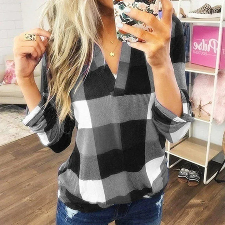 SAMIYA™ - Casual V-Neck Plaid Long Sleeve Blouse - MABEL LONDON