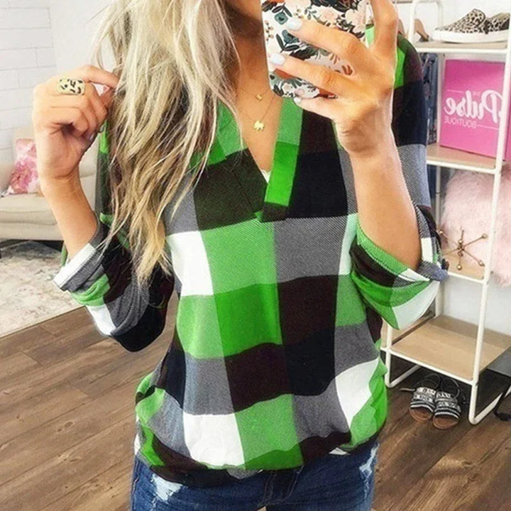 SAMIYA™ - Casual V-Neck Plaid Long Sleeve Blouse - MABEL LONDON