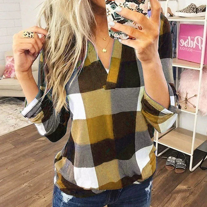 SAMIYA™ - Casual V-Neck Plaid Long Sleeve Blouse - MABEL LONDON