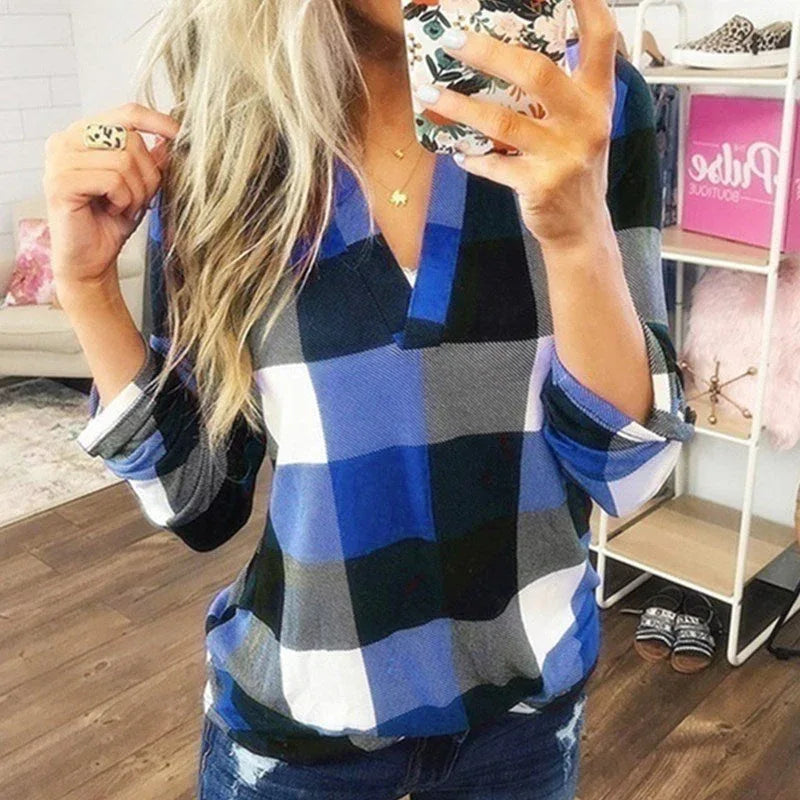 SAMIYA™ - Casual V-Neck Plaid Long Sleeve Blouse - MABEL LONDON