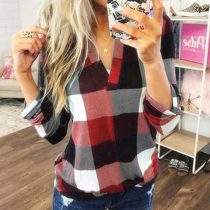 SAMIYA™ - Casual V-Neck Plaid Long Sleeve Blouse - MABEL LONDON