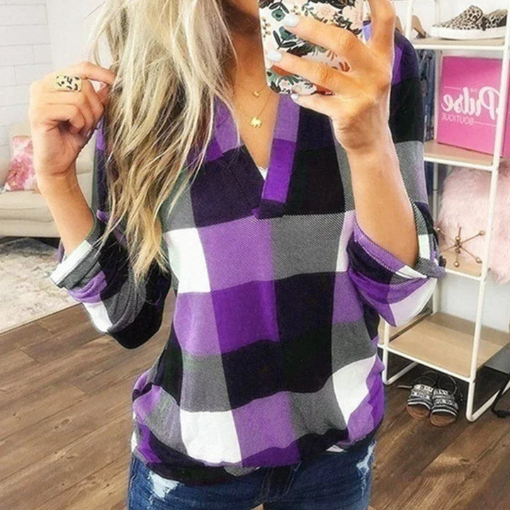 SAMIYA™ - Casual V-Neck Plaid Long Sleeve Blouse - MABEL LONDON