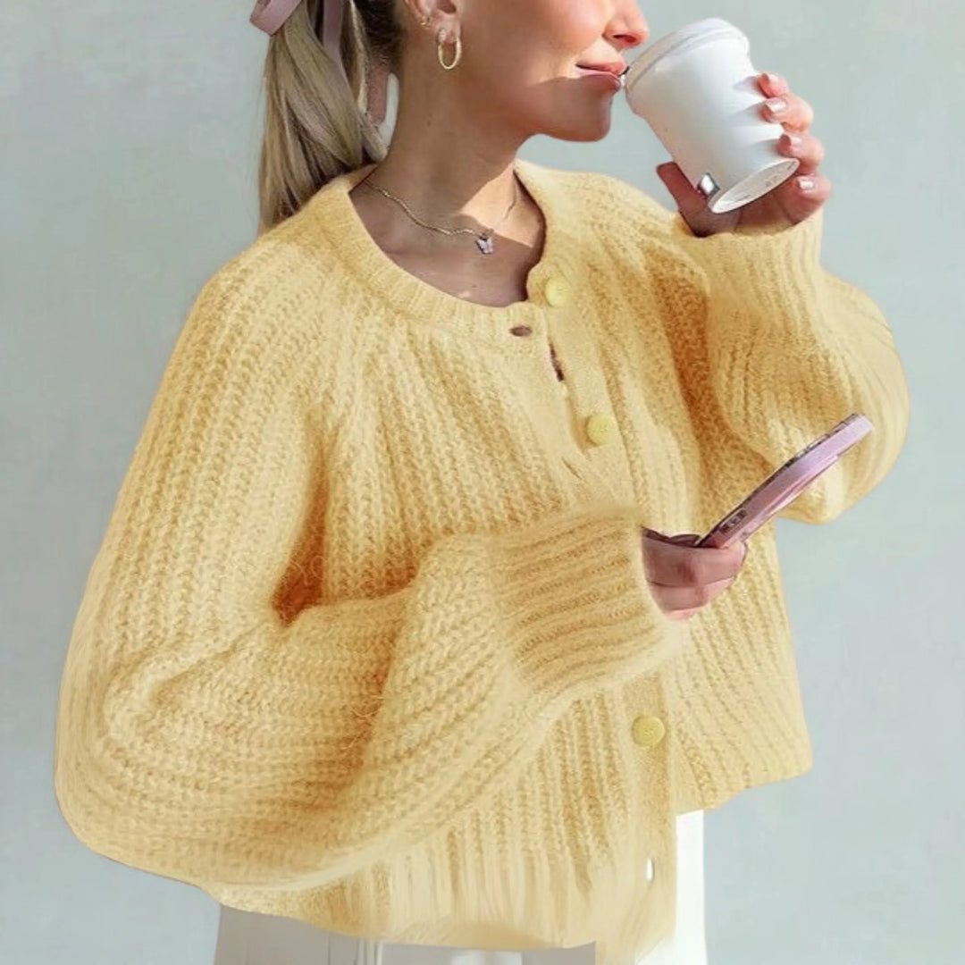 ELOWEN™ - Comfy Plain Button Down Long Sleeve Round Neck Cardigan - MABEL LONDON