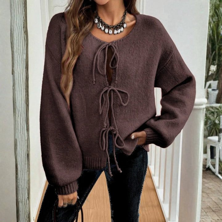 ADRIENNE™ - Chic Long Sleeve Round Neck Tie Front Cardigan - MABEL LONDON
