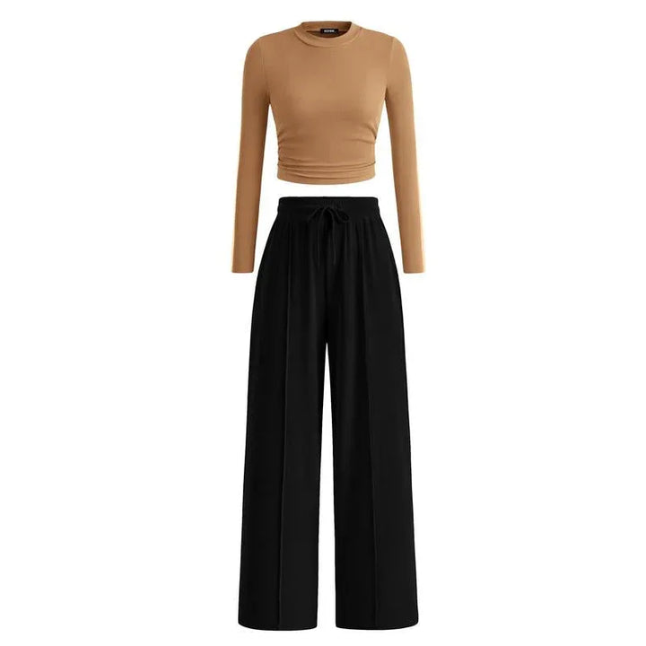 MIRELA™ - Ribbed Knit Long Sleeve Crop Top and Matching Pants Set - MABEL LONDON