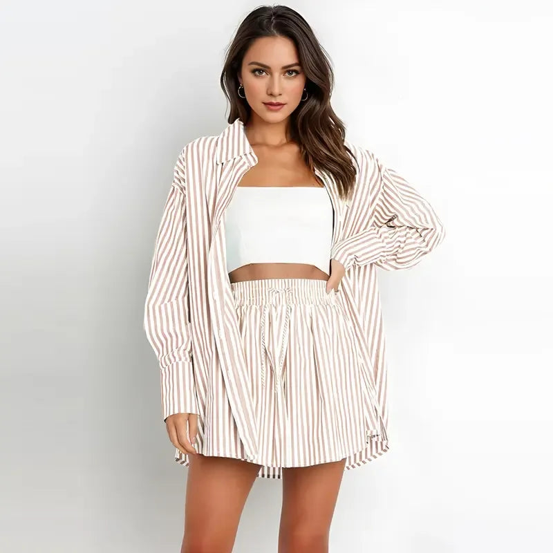 TIFY™ – Chic Striped Collared Shirt and Wide-Leg Shorts Set - MABEL LONDON