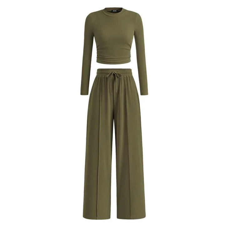 MIRELA™ - Ribbed Knit Long Sleeve Crop Top and Matching Pants Set - MABEL LONDON