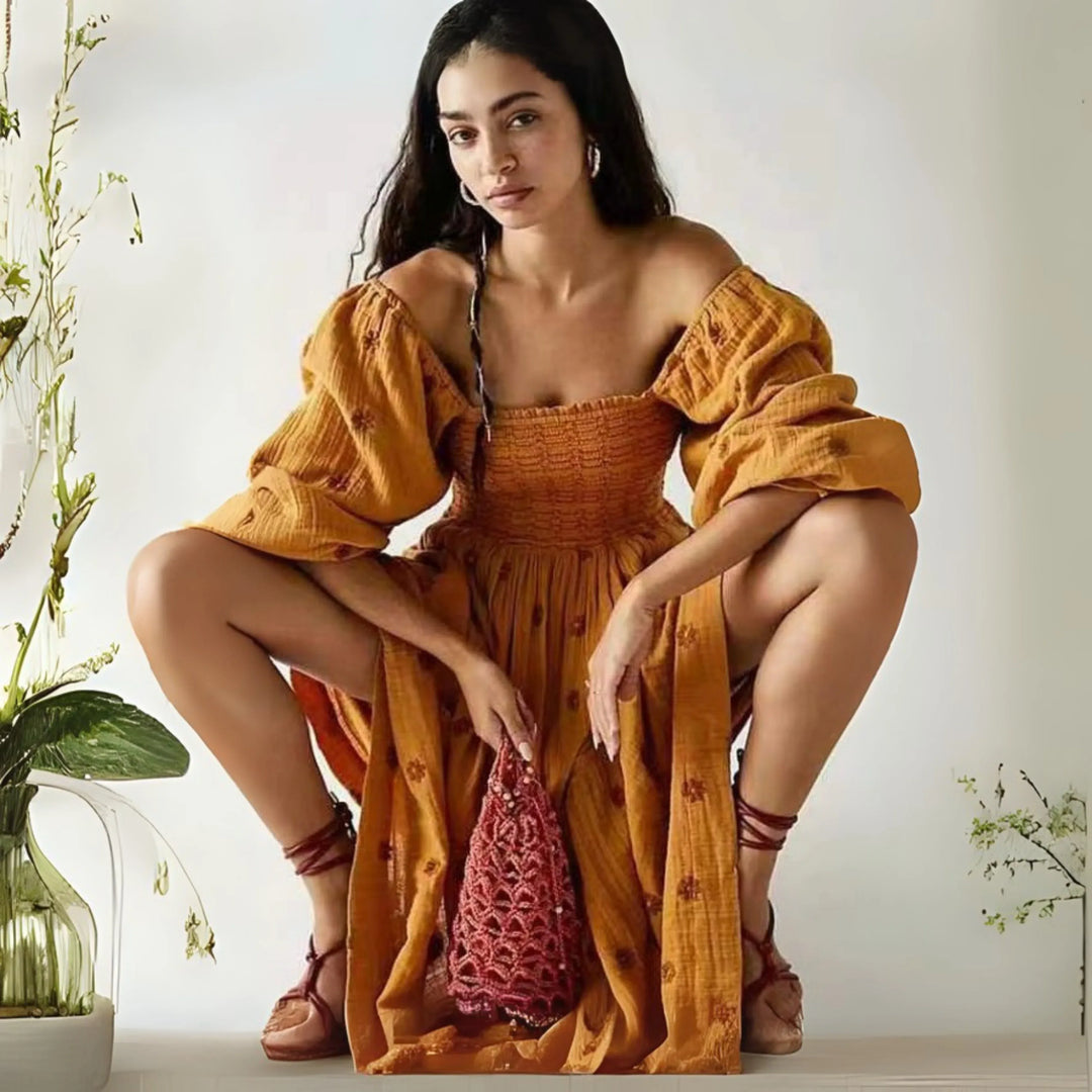 MOIRA™ - Comfy Floral Lantern Sleeve Square Neck Maxi Dress - MABEL LONDON