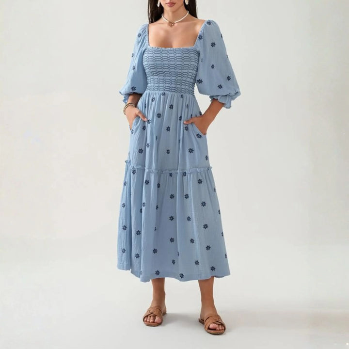 MOIRA™ - Comfy Floral Lantern Sleeve Square Neck Maxi Dress - MABEL LONDON
