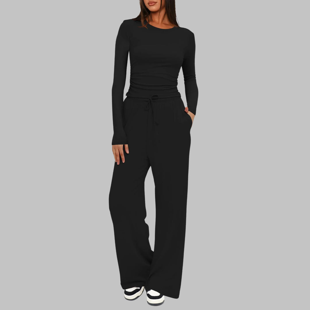 JANNY™ - Casual Long Sleeve Top and Wide Leg Pants Set - MABEL LONDON