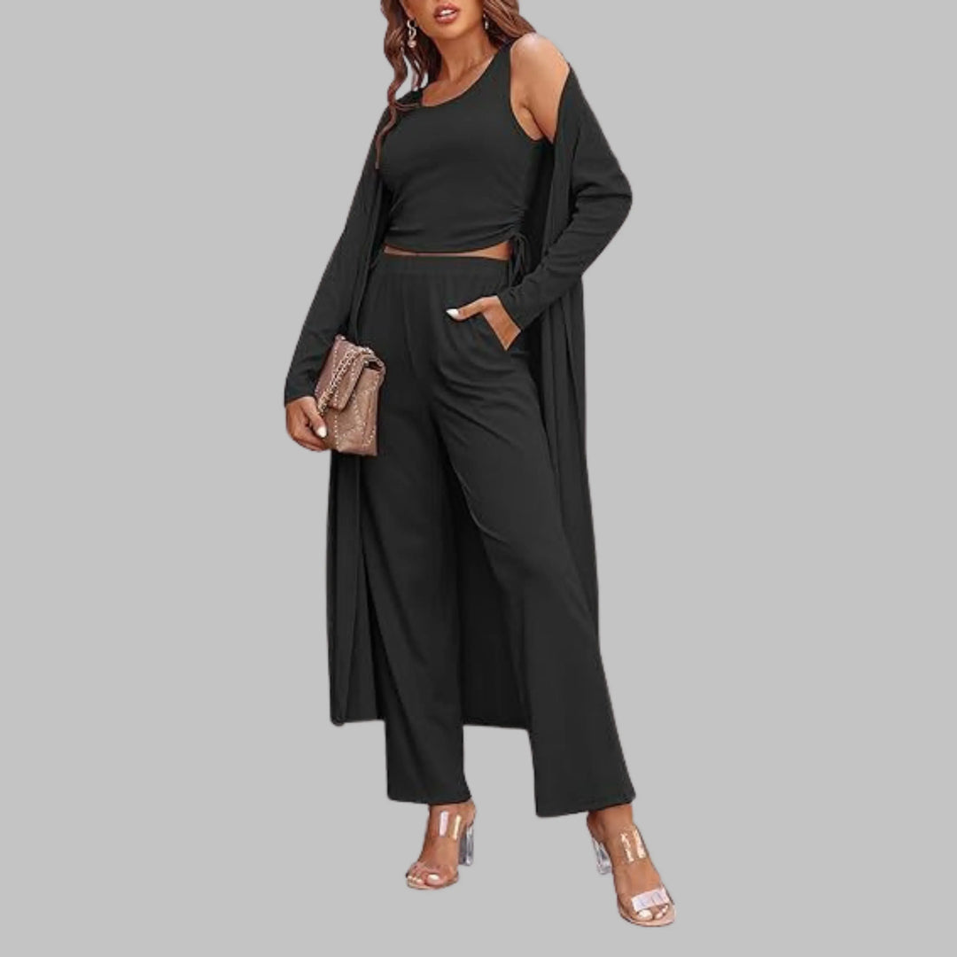 SANORA™ - Casual Lightweight Three Piece Long Cardigan Drawstring Top and Pants Sleepwear - MABEL LONDON