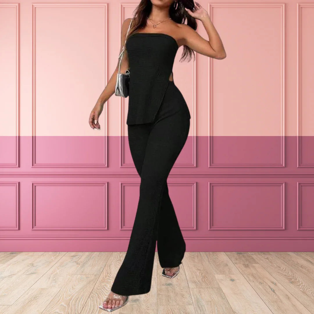 PEACHY™ - Elegant Split Hem Tube Top and Waist Pants Set - MABEL LONDON