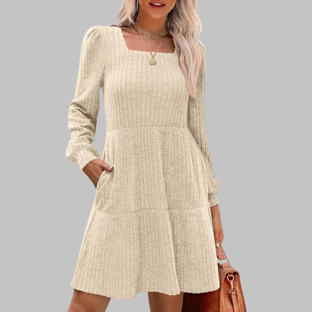 ULAN™ - Casual Square Neck Long Sleeve Midi Dress - MABEL LONDON