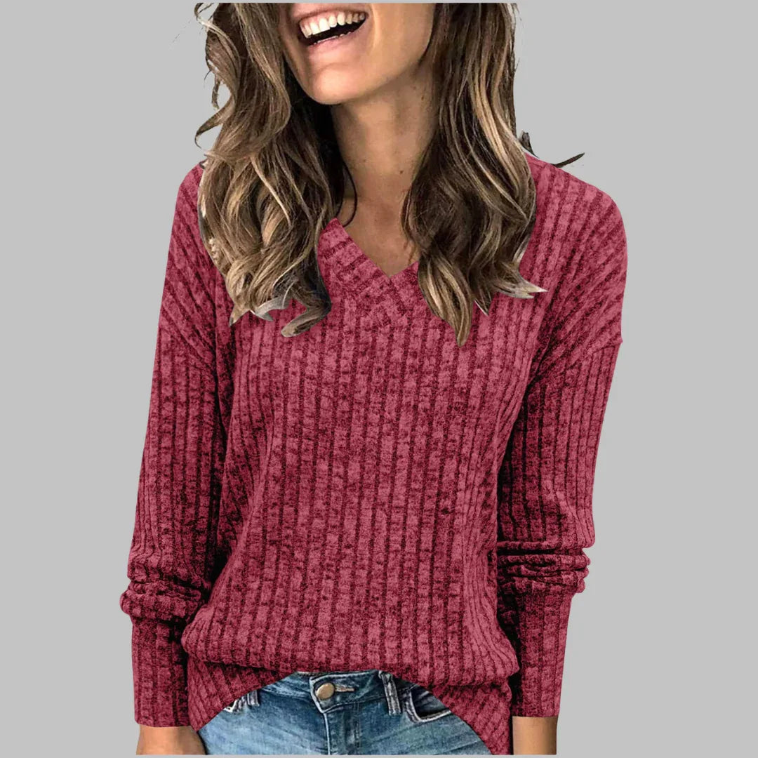 KASHA™ - Casual V-Neck Long Sleeve Sweater - MABEL LONDON