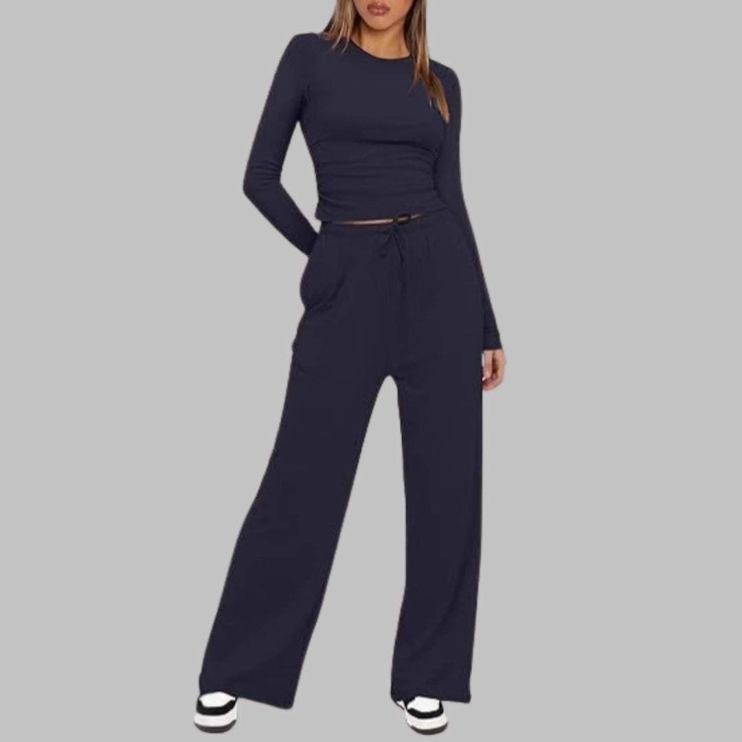 BELLE™ - Casual Long Sleeve Top and Wide Leg Pants Set - MABEL LONDON