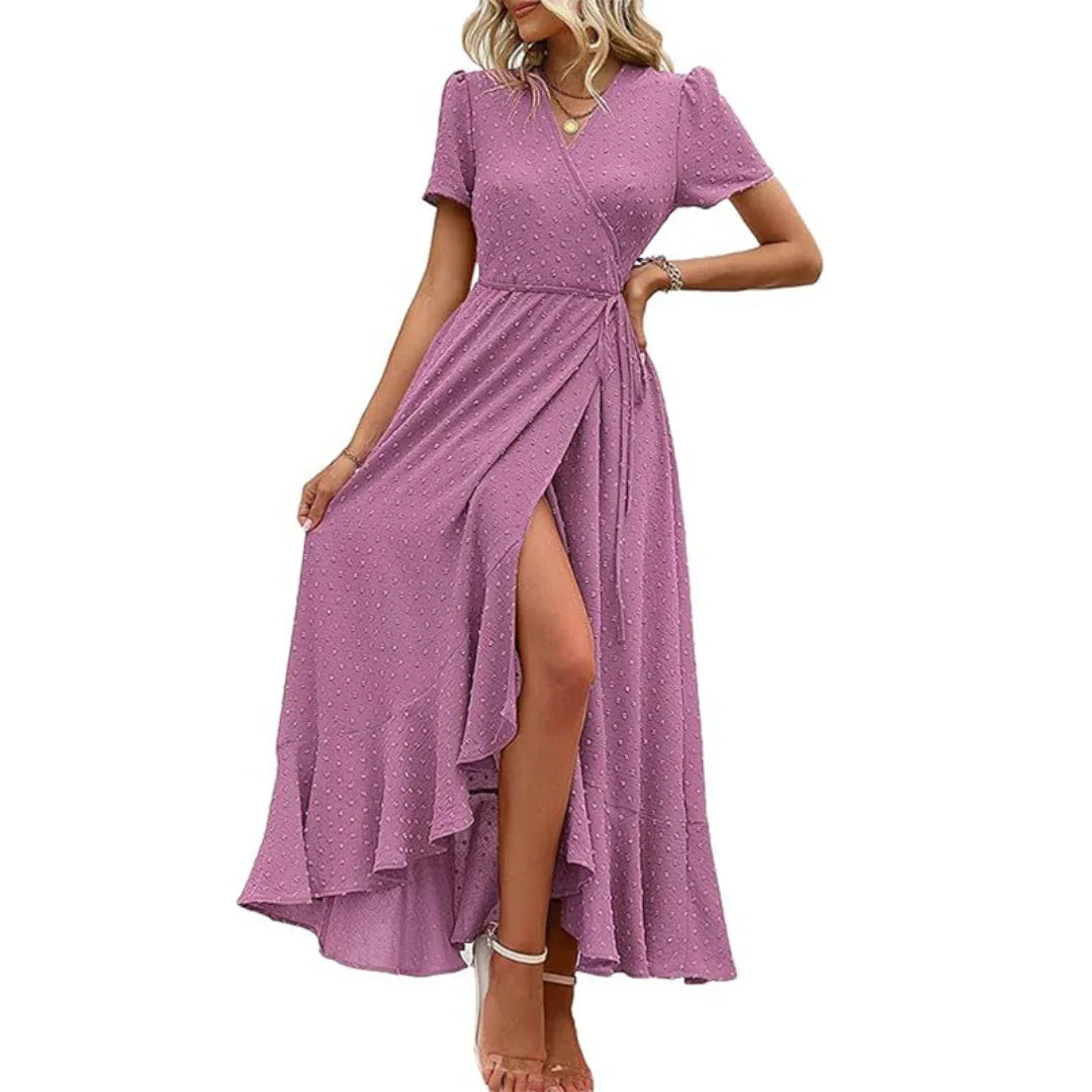 PILAR™ – Classy Flowy Wrap V-Neck Short Sleeve Maxi Dress - MABEL LONDON