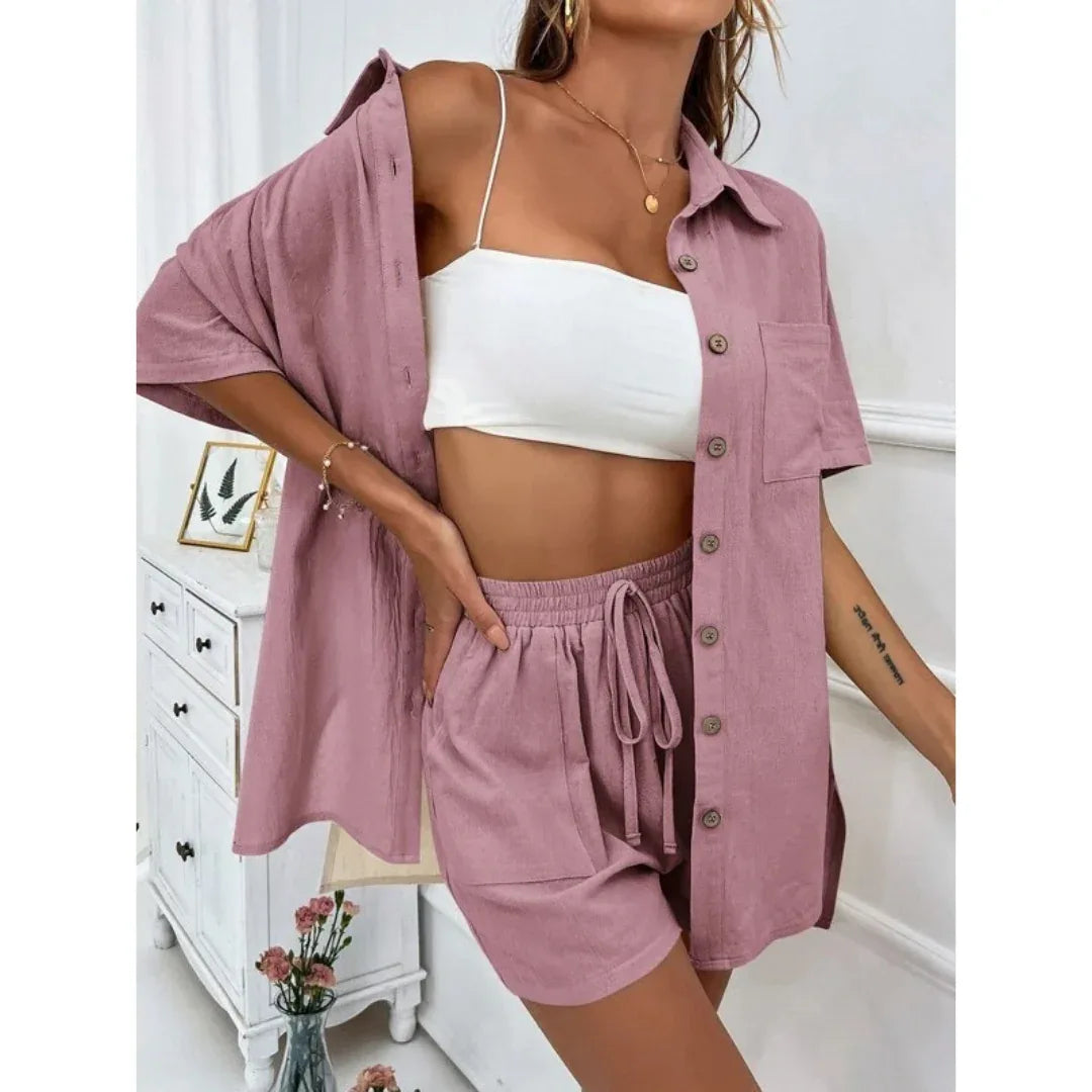 KRISTINE™ – Casual Summer Button-Down Lounge Set - MABEL LONDON