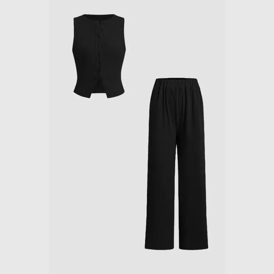 CLAIRE™ - Elegant Ribbed Button Tank and Pants Set - MABEL LONDON