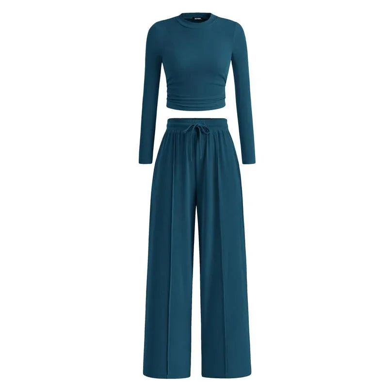 MIRELA™ - Ribbed Knit Long Sleeve Crop Top and Matching Pants Set - MABEL LONDON