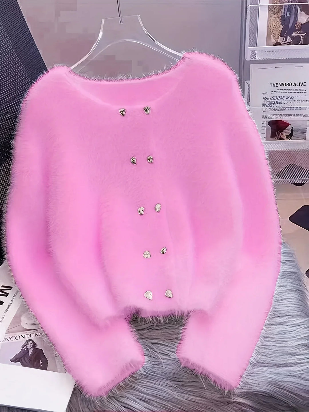 Luna – Fluffy Heart-Button Knit Sweater - MABEL LONDON