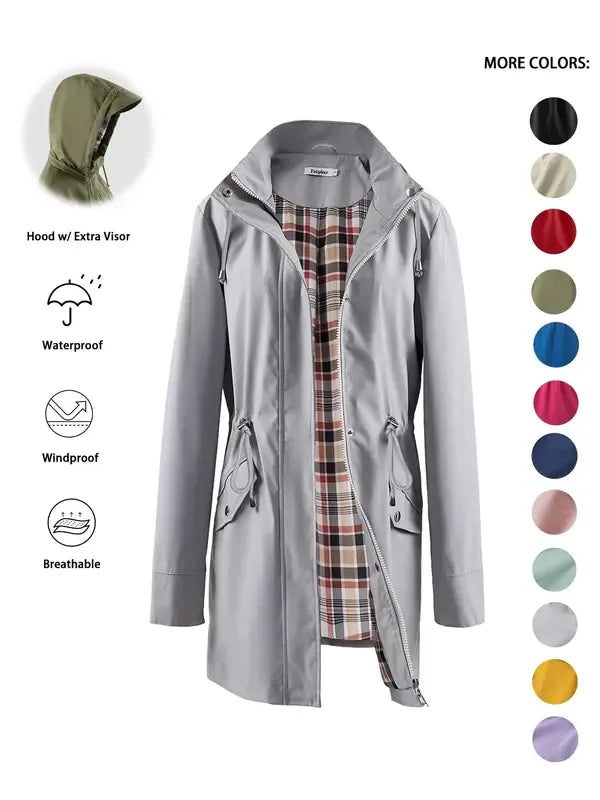 QING™ - Casual Drawstring Zip Up Hooded Trench Coat - MABEL LONDON