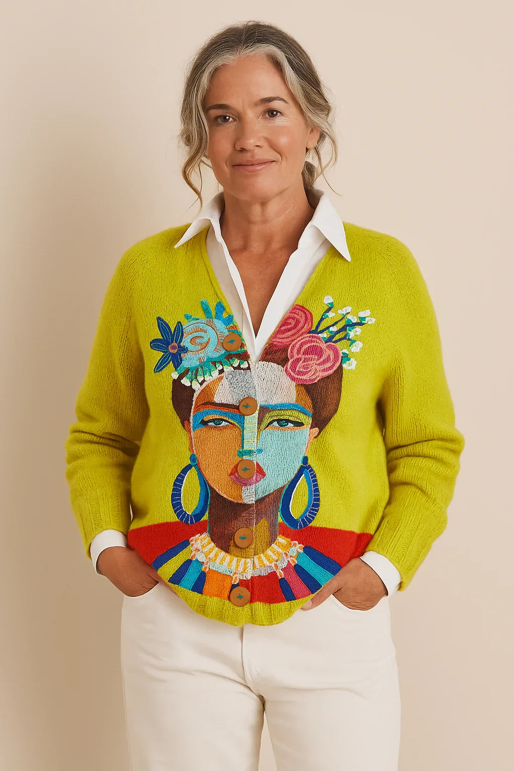 ONA | OIL PAINTING FREDA PORTRAIT ART PRINTED BUTTONED CARDIGAN - MABEL LONDON