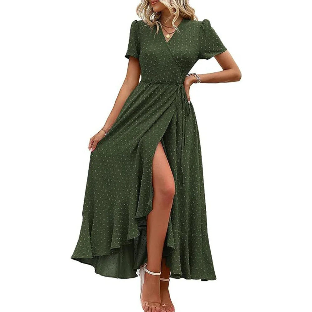 MARJORIE™ - Cozy Summer Wrap Ruffle Hem Split Maxi Dress - MABEL LONDON