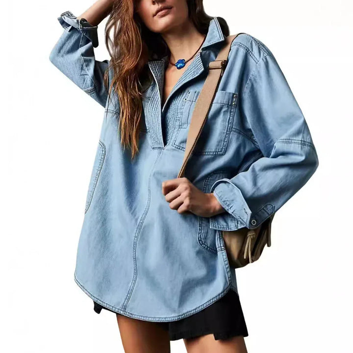 NALINAE™ – Chic V-Neck Denim Tunic Top - MABEL LONDON