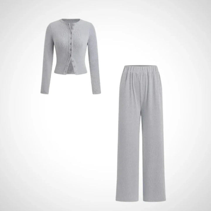 COLY™ - Comfy Button Front Long Sleeve Top and Pants Set - MABEL LONDON