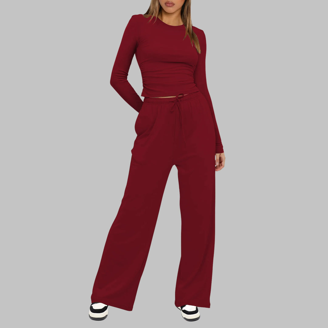 JANNY™ - Casual Long Sleeve Top and Wide Leg Pants Set - MABEL LONDON