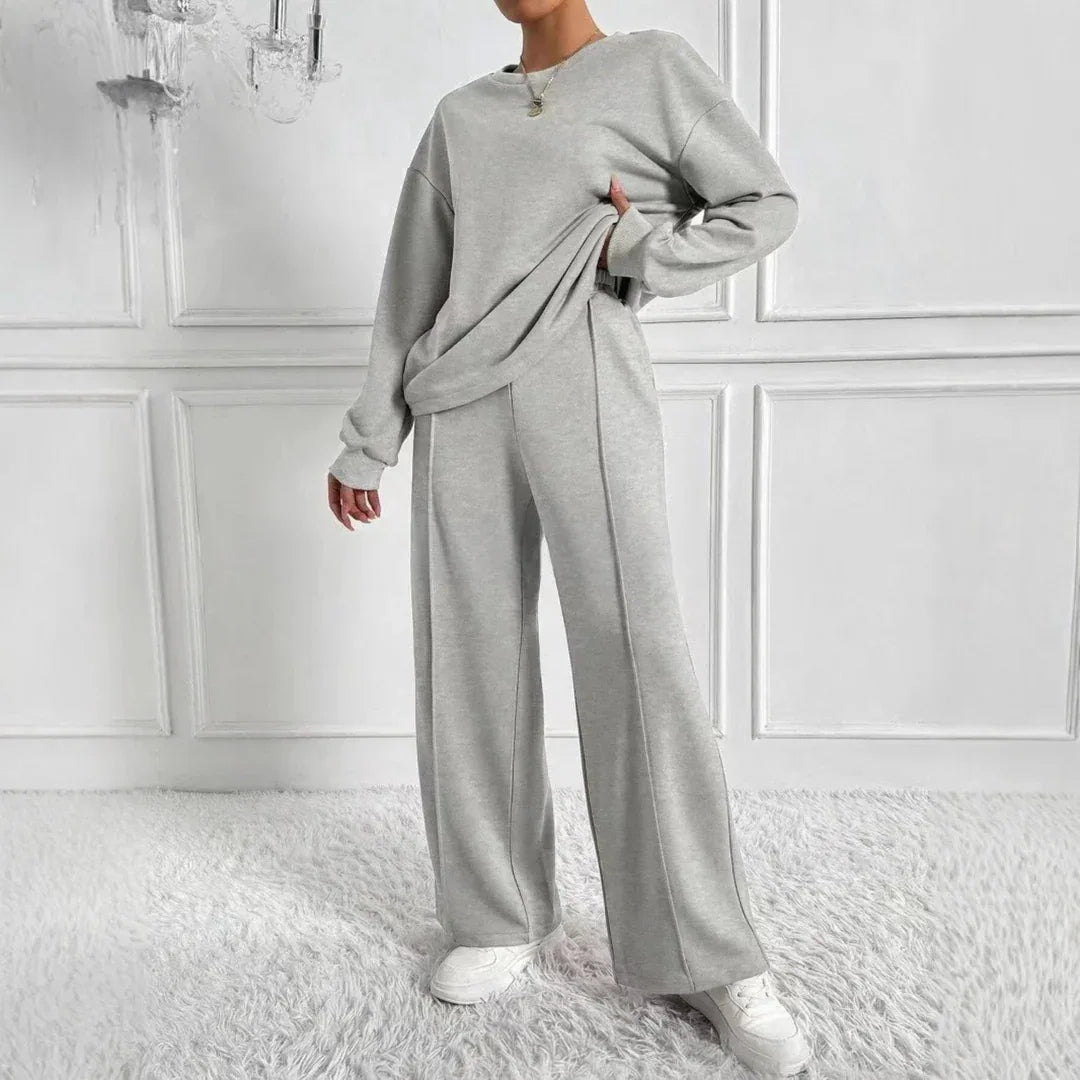 AMBRA™ - Casual Long Sleeve Sweatshirt and High Waist Pants Set - MABEL LONDON