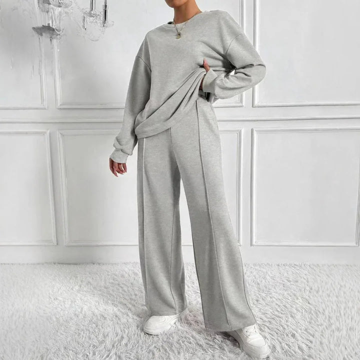 AMBRA™ - Casual Long Sleeve Sweatshirt and High Waist Pants Set - MABEL LONDON