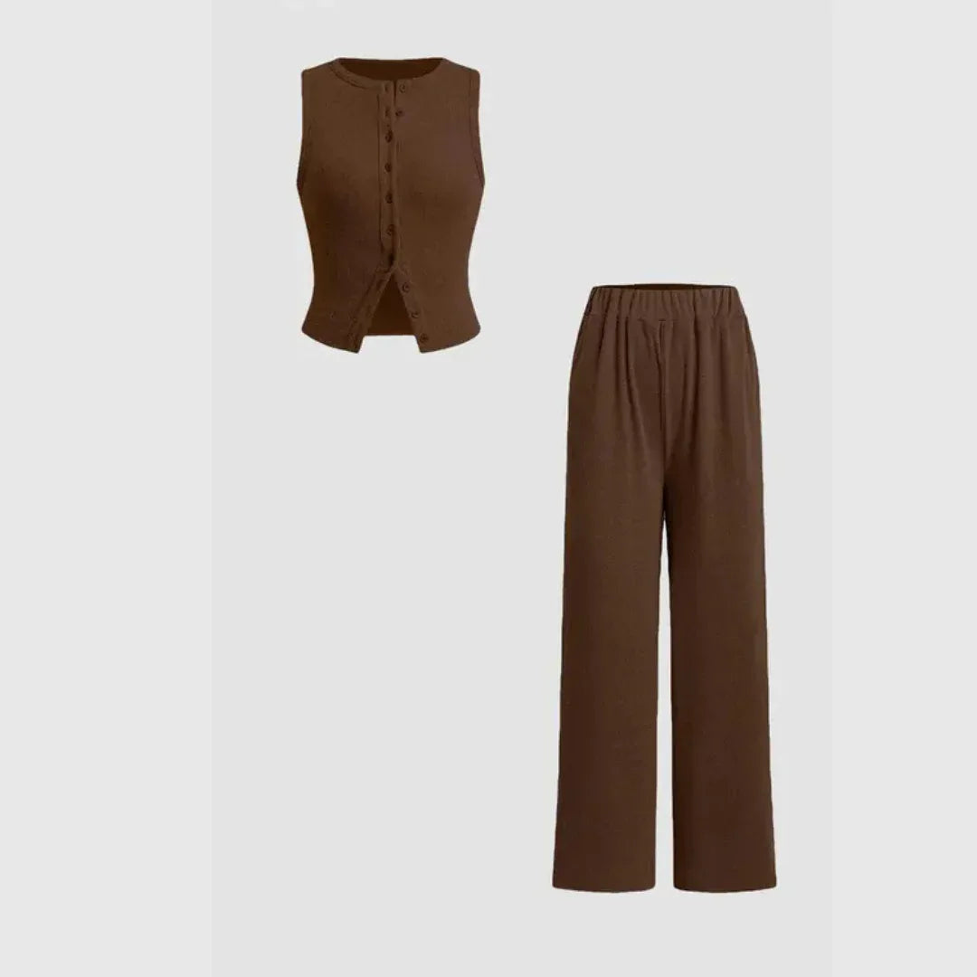 CLAIRE™ - Elegant Ribbed Button Tank and Pants Set - MABEL LONDON