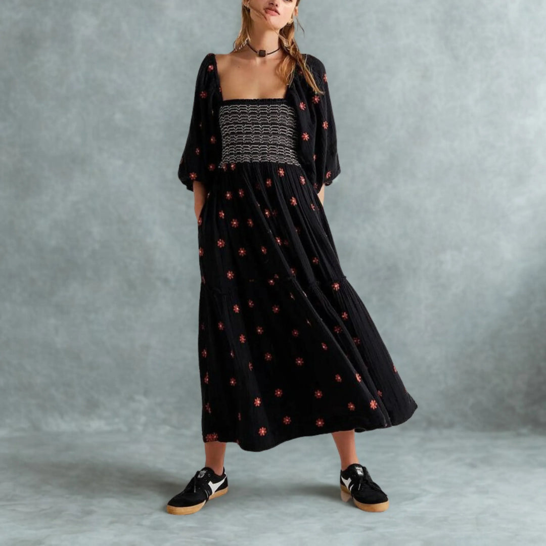 MOIRA™ - Comfy Floral Lantern Sleeve Square Neck Maxi Dress - MABEL LONDON