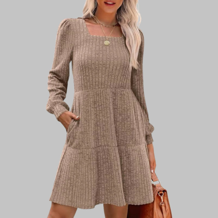 ULAN™ - Casual Square Neck Long Sleeve Midi Dress - MABEL LONDON