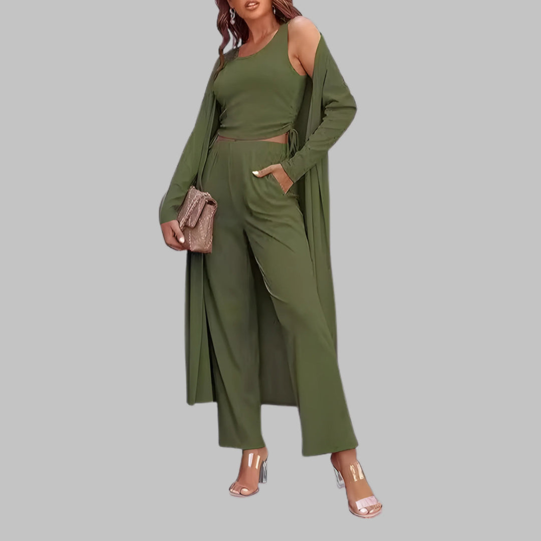 SANORA™ - Casual Lightweight Three Piece Long Cardigan Drawstring Top and Pants Sleepwear - MABEL LONDON