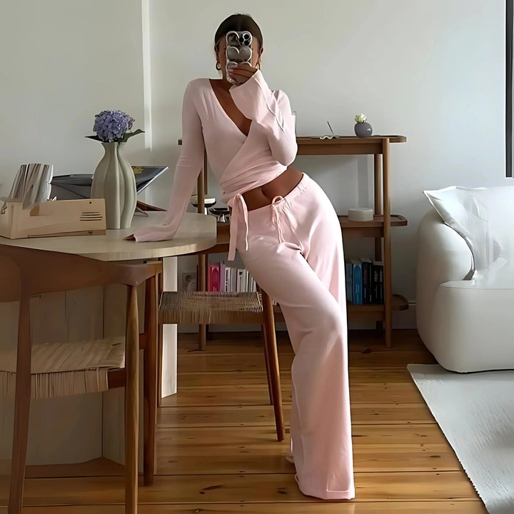 LETISA™ - Chic V-Neck Long Sleeve Top and Pants Set - MABEL LONDON